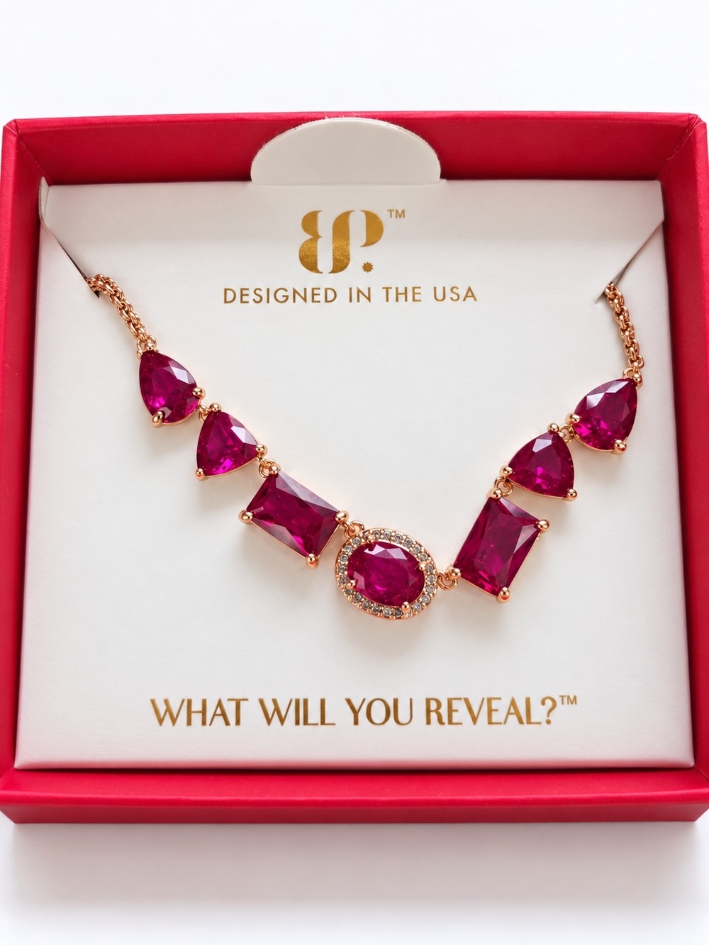 bp Rose Gold Necklace with Fuchsia Pink Stones